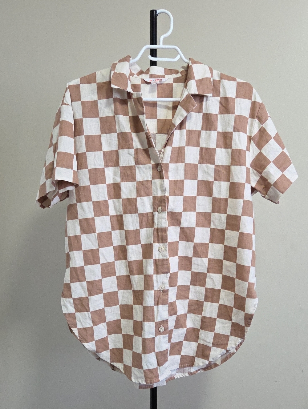 Joe Fresh Short Sleeve Checkered Button-Up Shirt - Cream & Brown